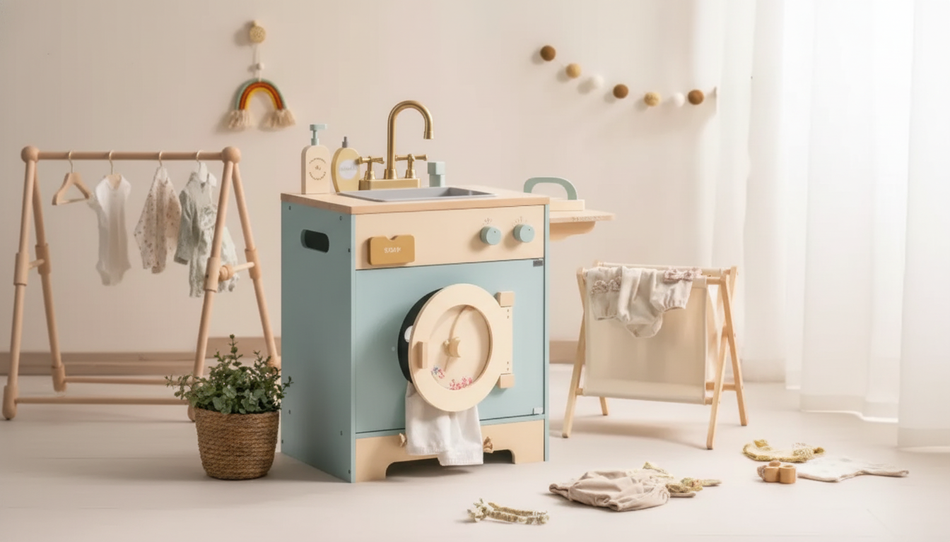 Washer-and-Sink Wooden Playset: Cleaning Pretend Play